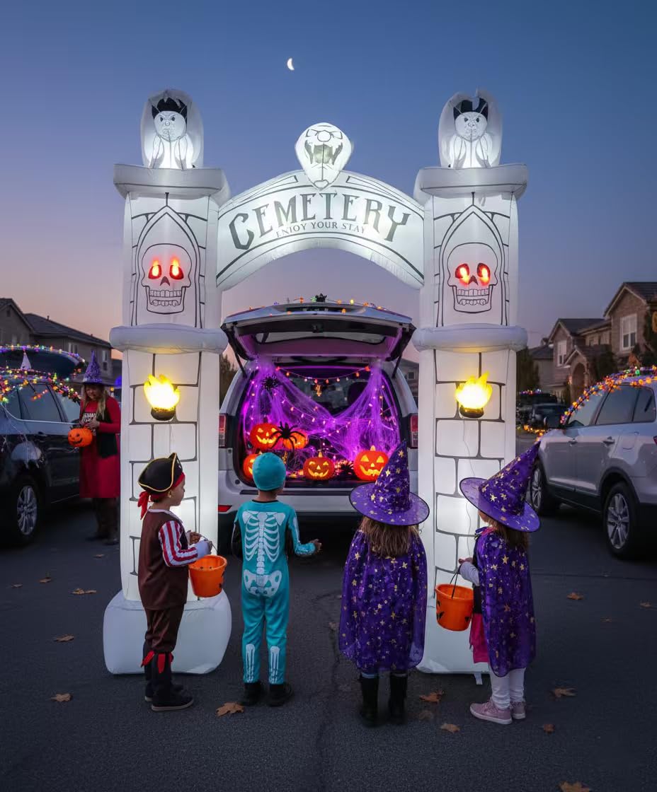 Seeiuua front view of inflated graveyard arch showing spooky design and curb appeal