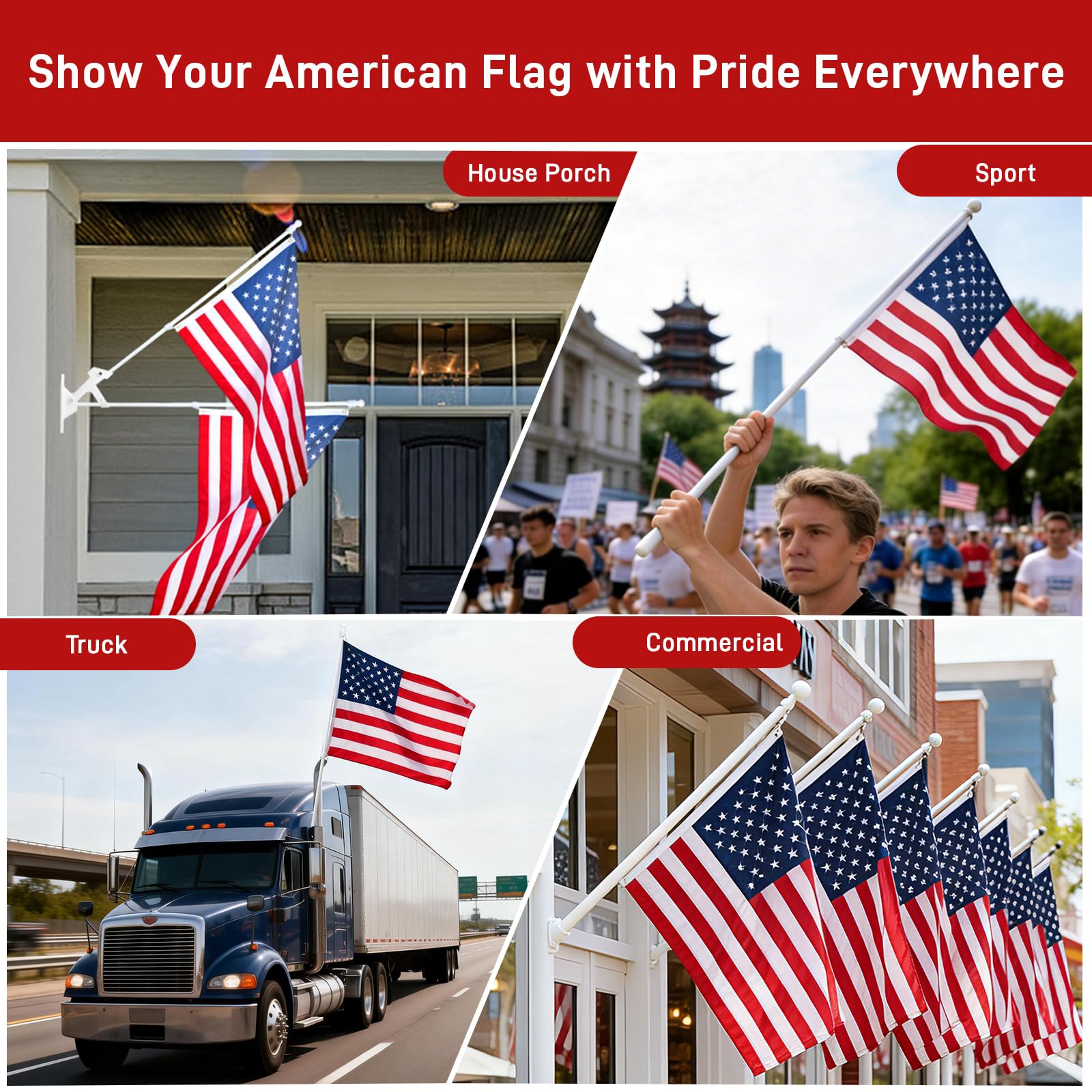 SEEKNEW flag flying in wind on porch showing visible patriotic display benefit