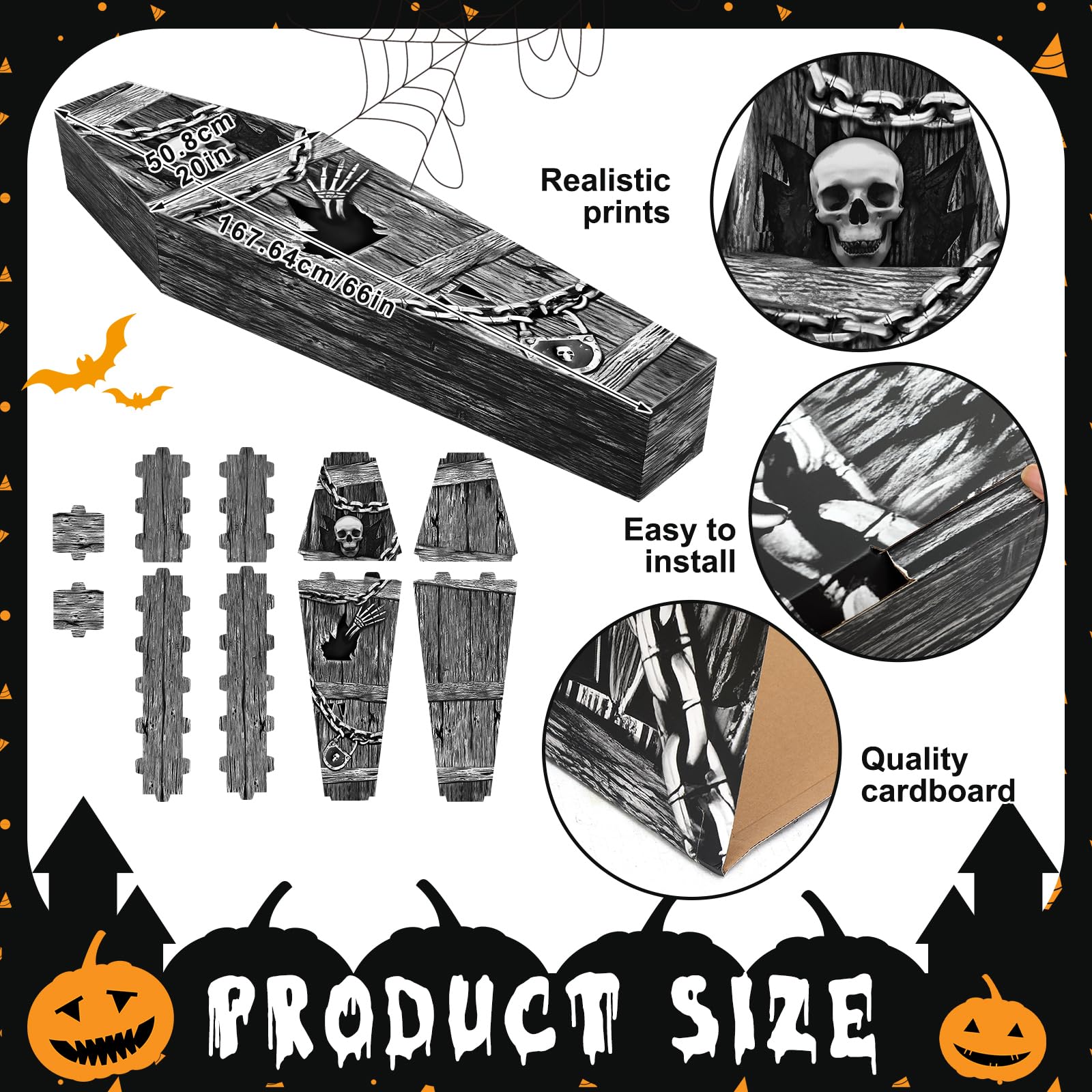 Seenelling coffin displayed in a haunted yard creating spooky atmosphere outdoors