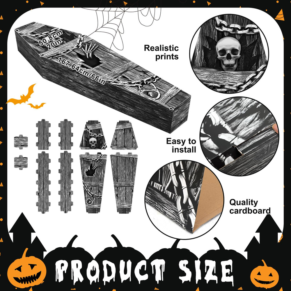 Seenelling coffin displayed in a haunted yard creating spooky atmosphere outdoors