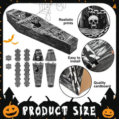 Seenelling coffin displayed in a haunted yard creating spooky atmosphere outdoors
