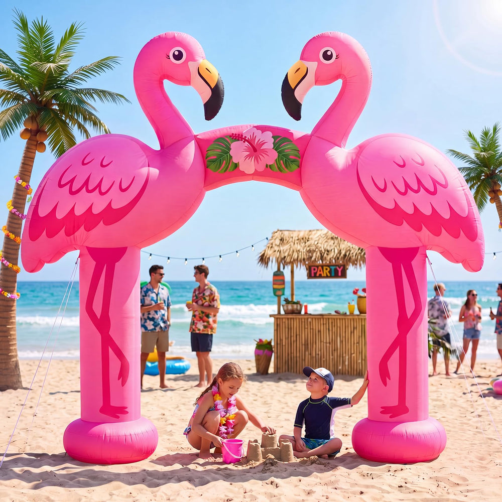 Seenelling flamingo arch front view showing bold magenta entrance and festive appeal