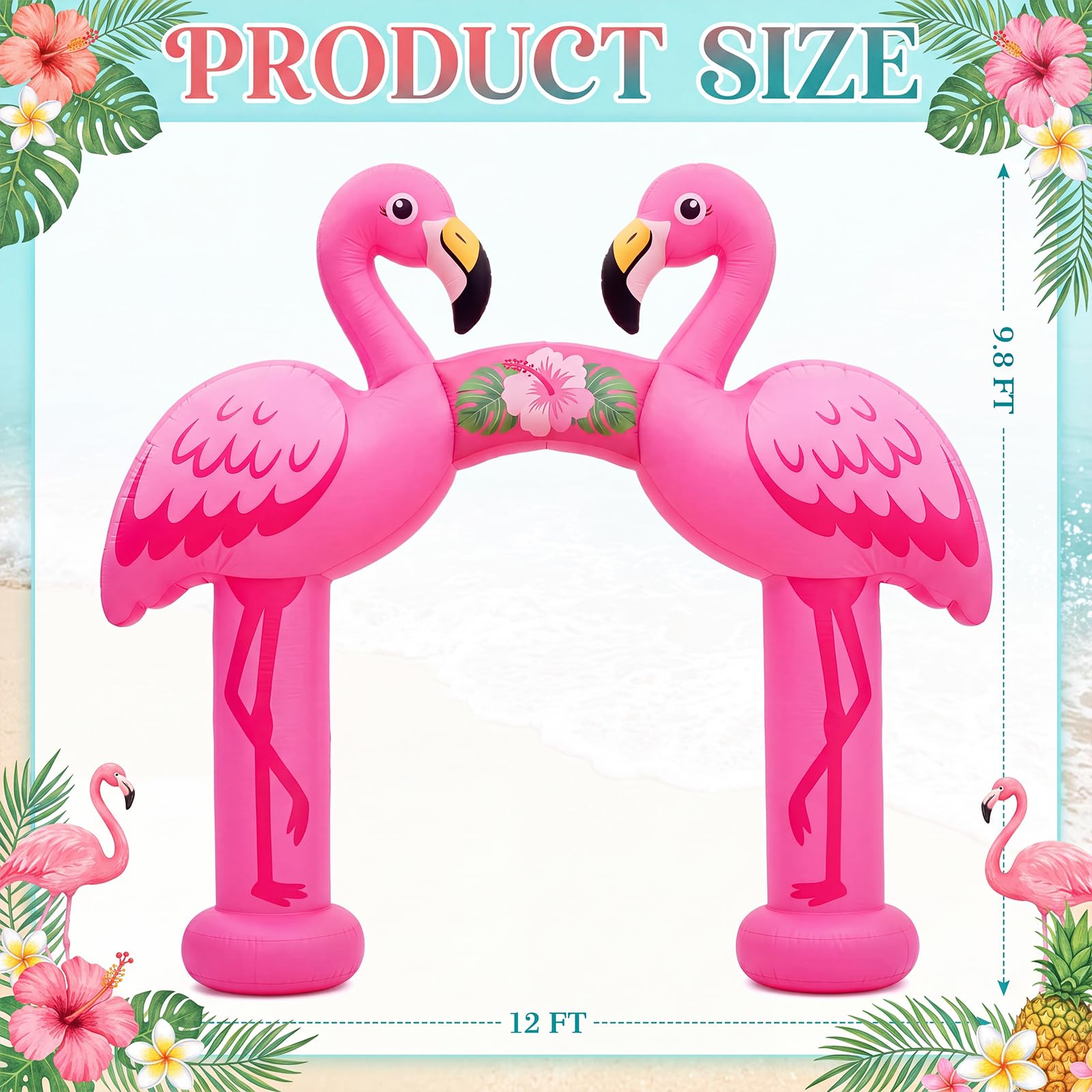 Seenelling flamingo arch lit by built-in LEDs creating night-time party ambiance