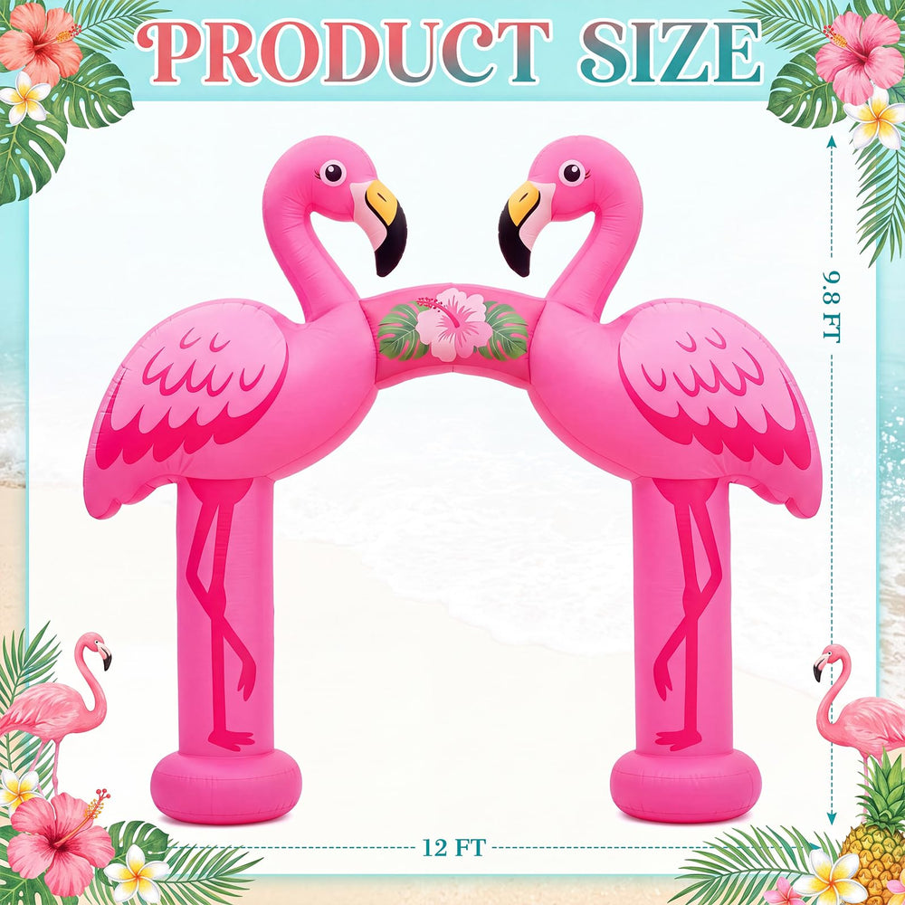 Seenelling flamingo arch lit by built-in LEDs creating night-time party ambiance