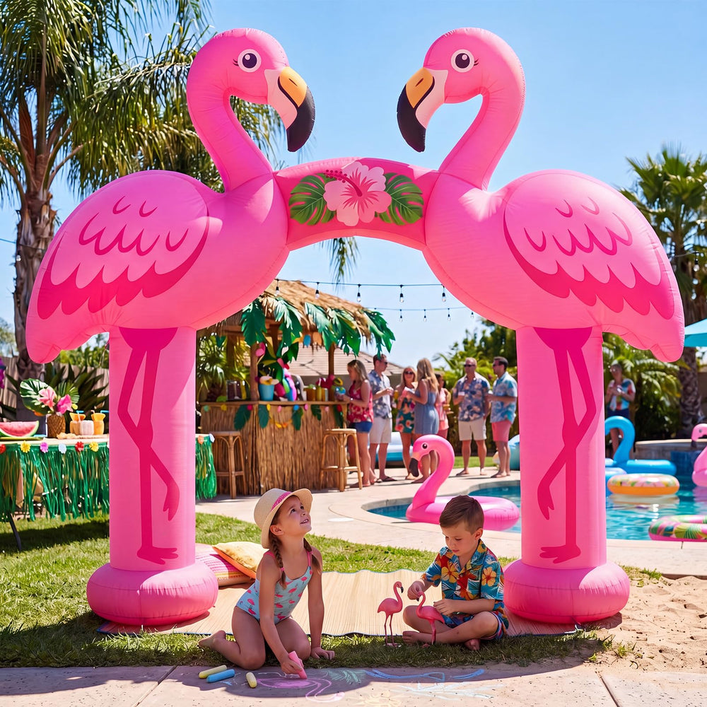 Seenelling flamingo arch in backyard party setting delivering cheerful summer vibes
