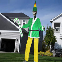 Seenelling front view green elf costume on skeleton, eye-catching yard focal point