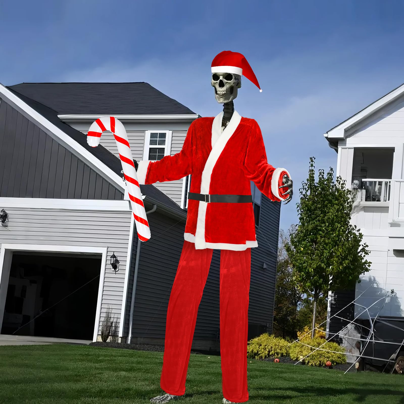 Seenelling front view of Santa costume on giant skeleton showing festive impact