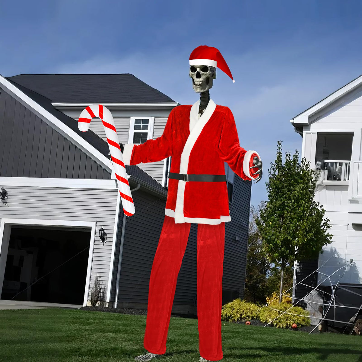 Seenelling front view of Santa costume on giant skeleton showing festive impact