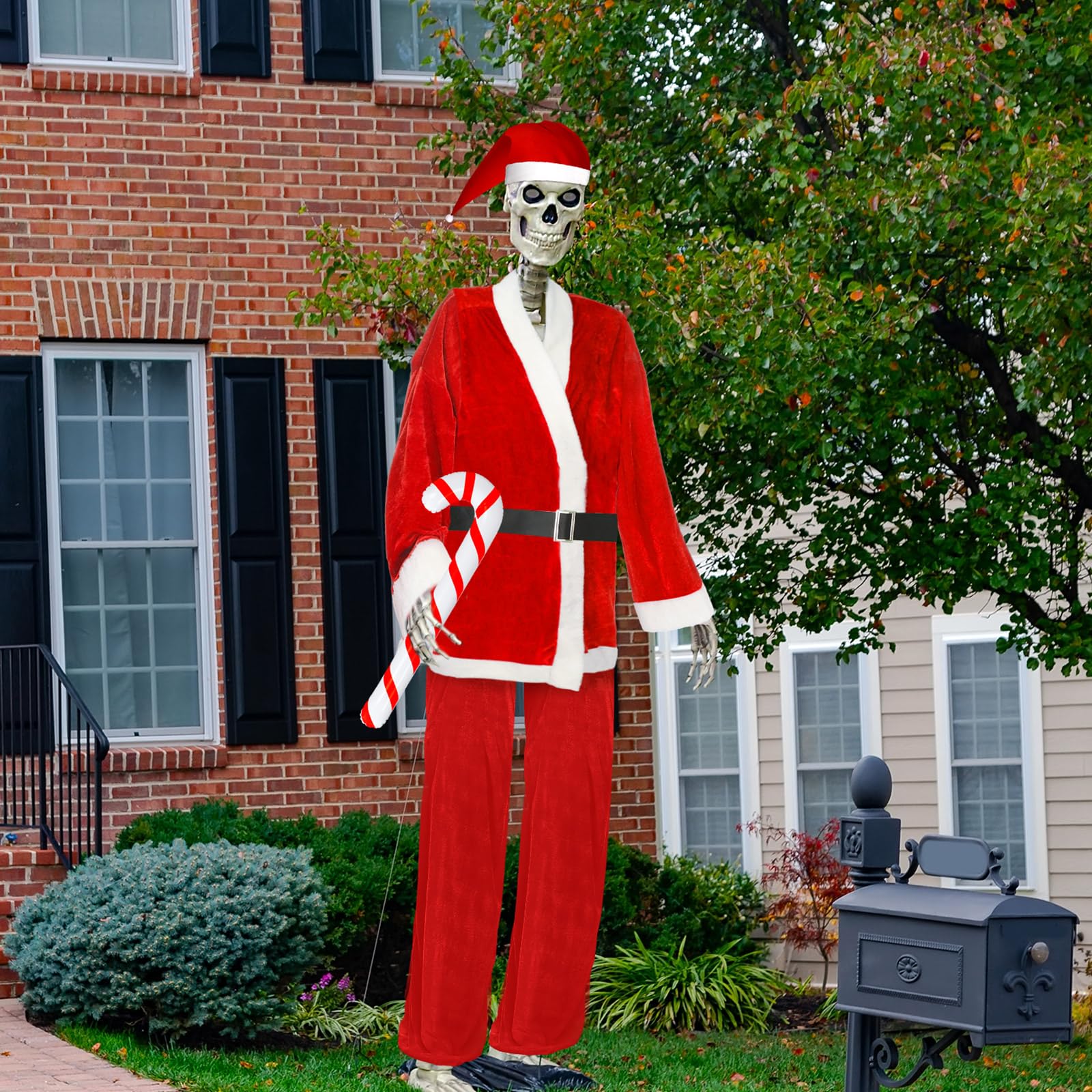Seenelling full yard display with costume creating strong holiday curb appeal