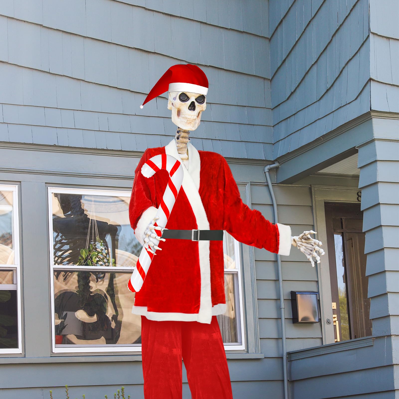 Seenelling large non-woven Santa hat fitted on skeleton head for secure wear