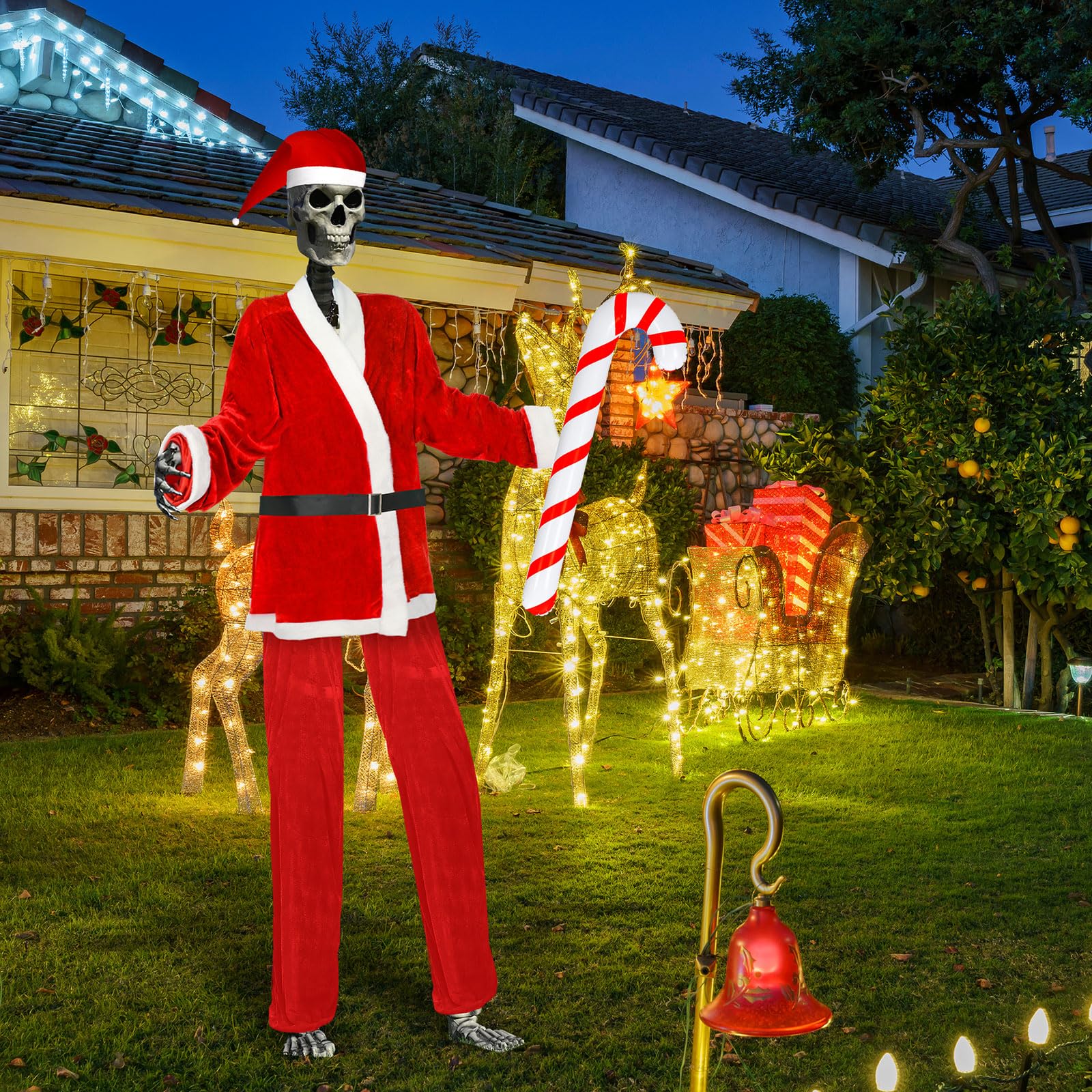 Seenelling PVC inflatable candy cane held by skeleton adding playful prop