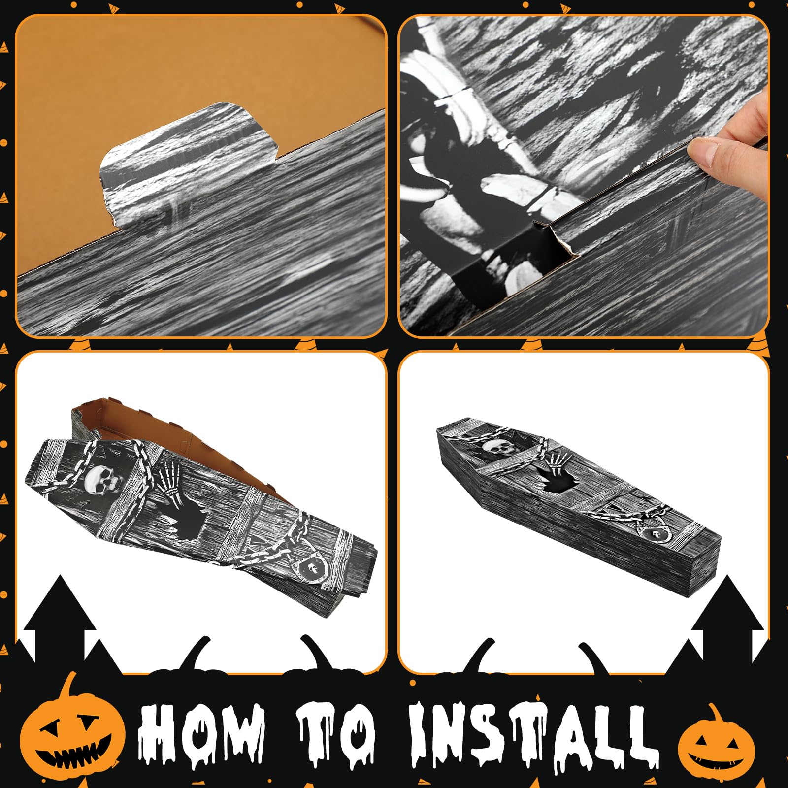 Seenelling open coffin with skeleton inside for convincing party centerpiece effect