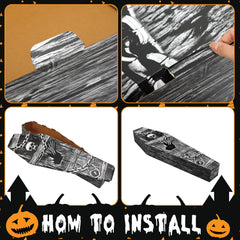 Seenelling open coffin with skeleton inside for convincing party centerpiece effect