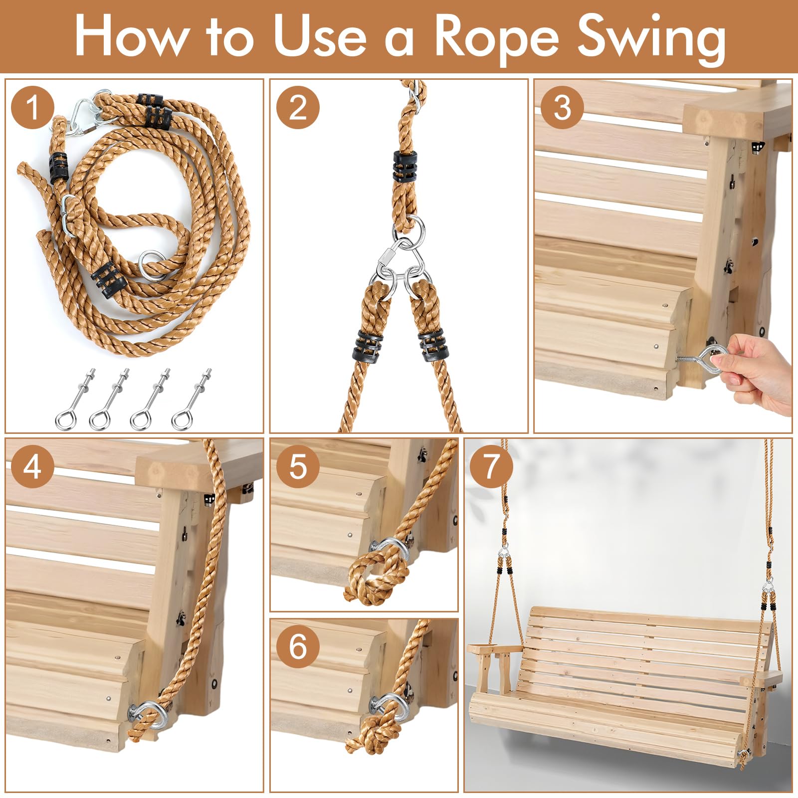 Seenelling rope kit installed on a porch swing demonstrating sturdy support