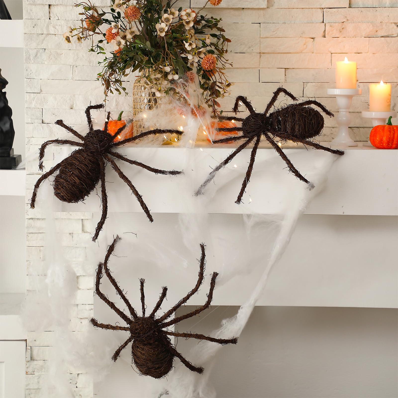 Seenelling spiders hung on porch rail illustrating easy outdoor display and impact