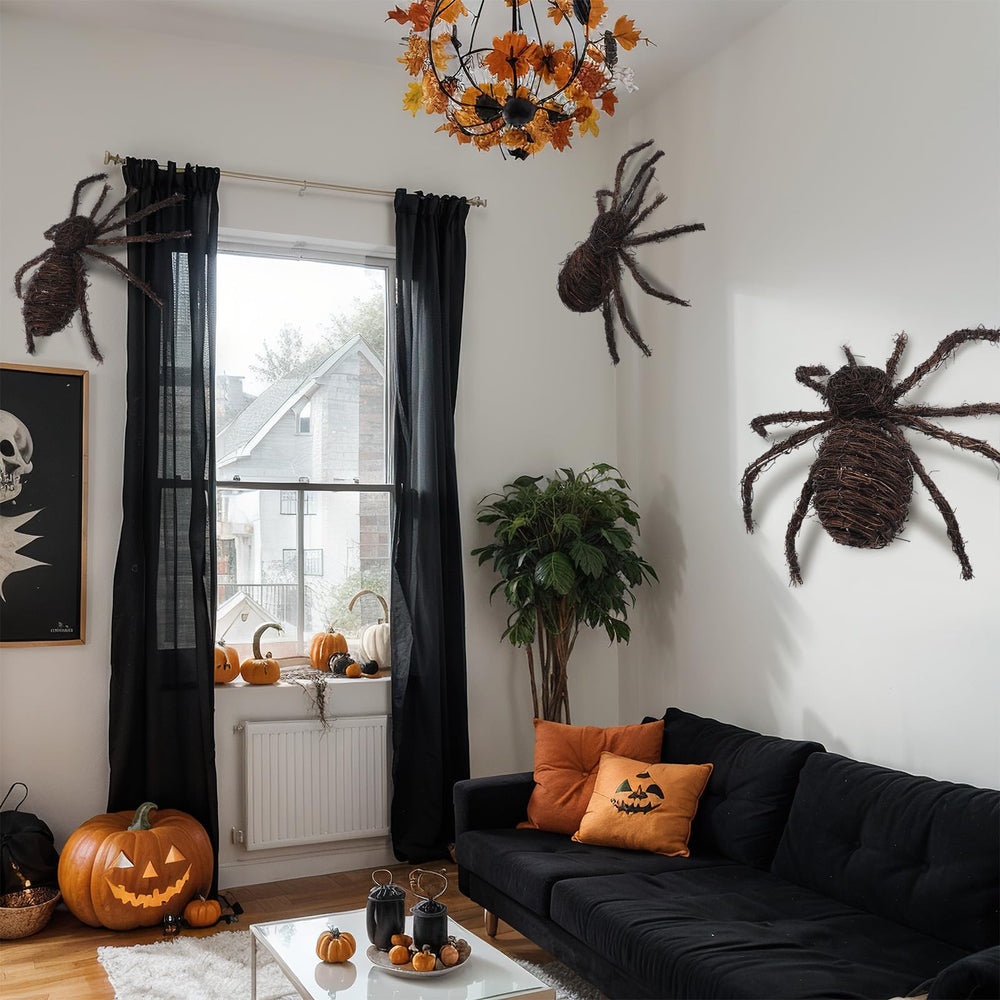 Seenelling spiders as mantel display adding textured Halloween ambiance indoors