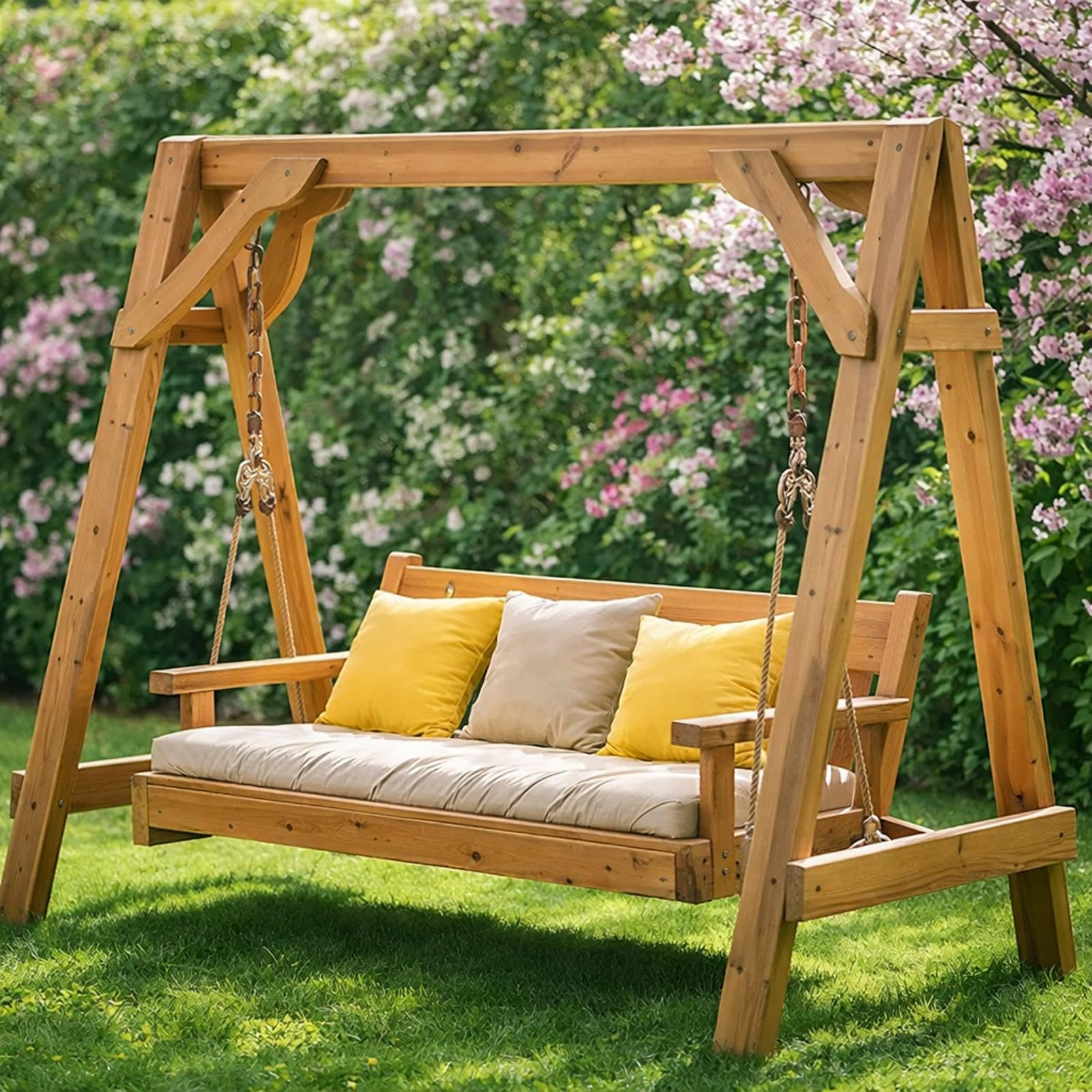 Seenelling swing bed mounted to a wooden beam proving heavy-duty hold