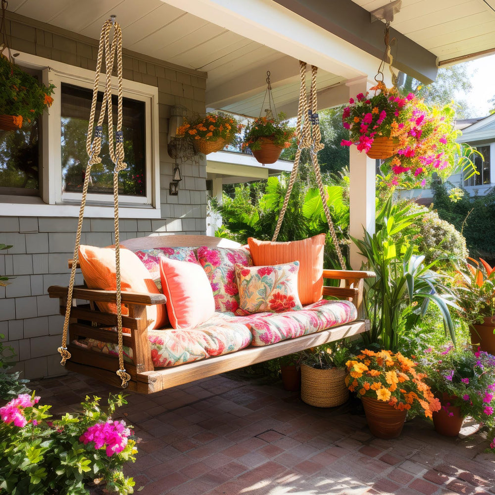 Seenelling porch swing bed hanging using the ropes showing comfortable, stable suspension in use