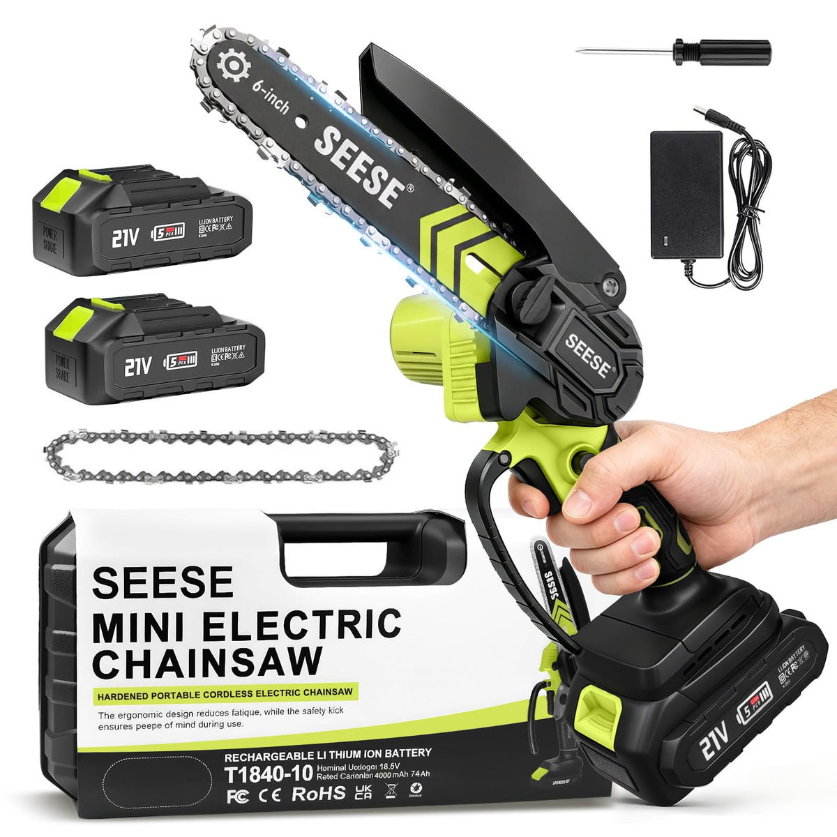 Seese front view of mini chainsaw showing compact design and portability benefit