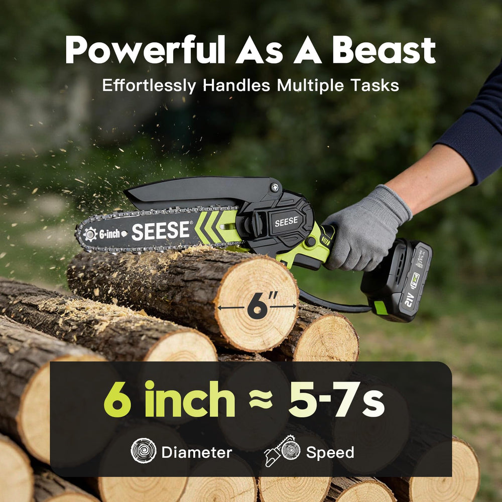 Seese mini chainsaw in hand illustrating lightweight 2.43 lb ease of use