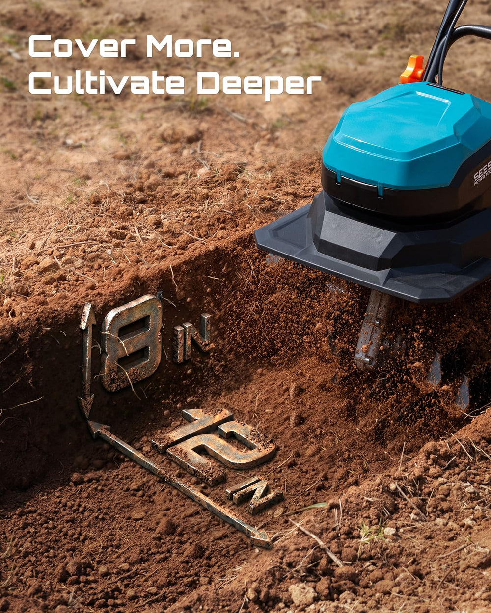 Seesii close-up of 12-inch steel tines built to break compacted soil