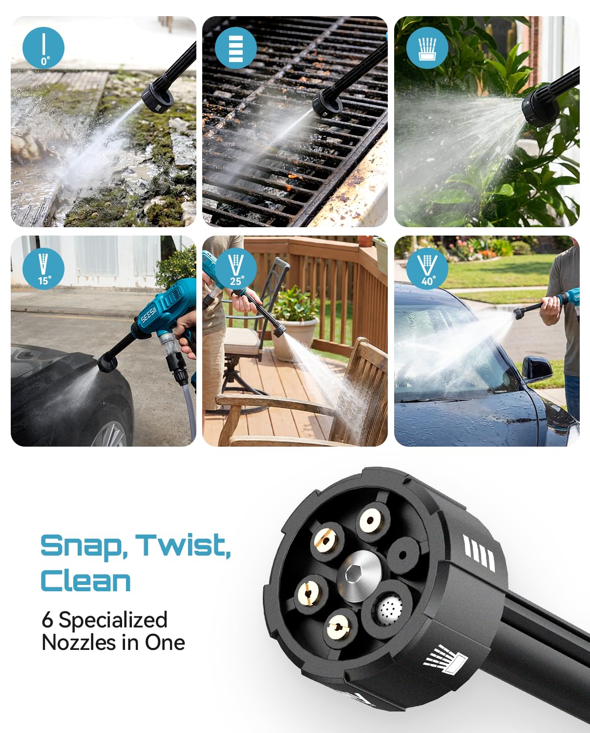 SEESII 6-in-1 nozzle close-up showing adjustable spray patterns
