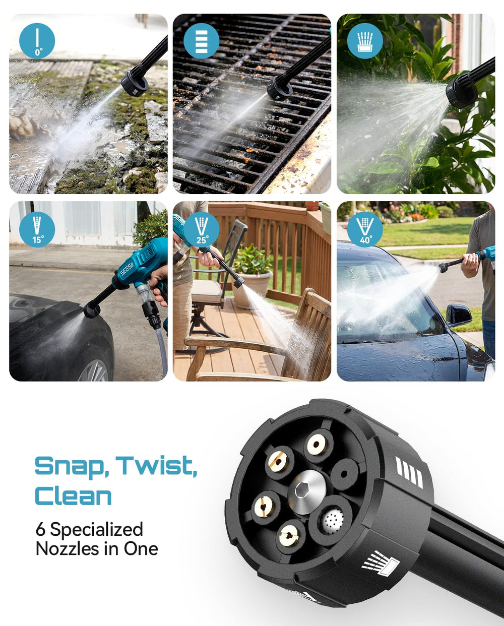 SEESII 6-in-1 nozzle close-up showing adjustable spray patterns