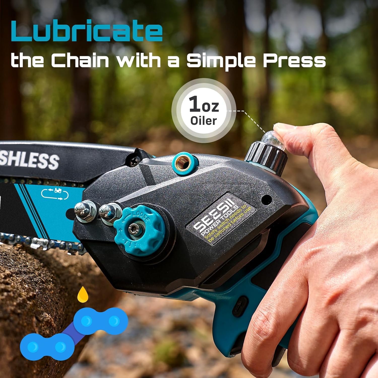 SEESII auto oiler tank view showing hands-free chain lubrication