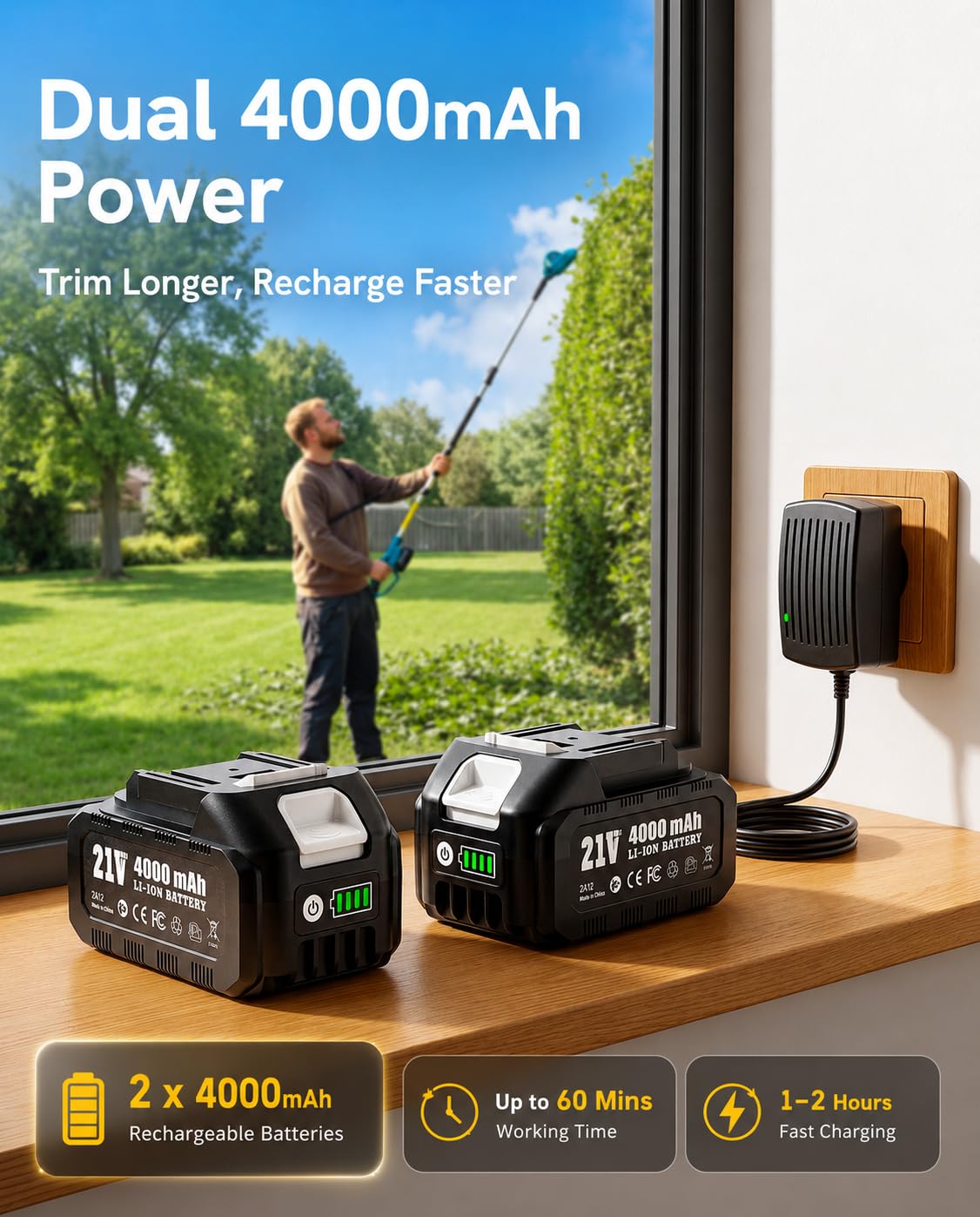 SEESII two 4.0Ah batteries and fast charger showing longer runtime advantage