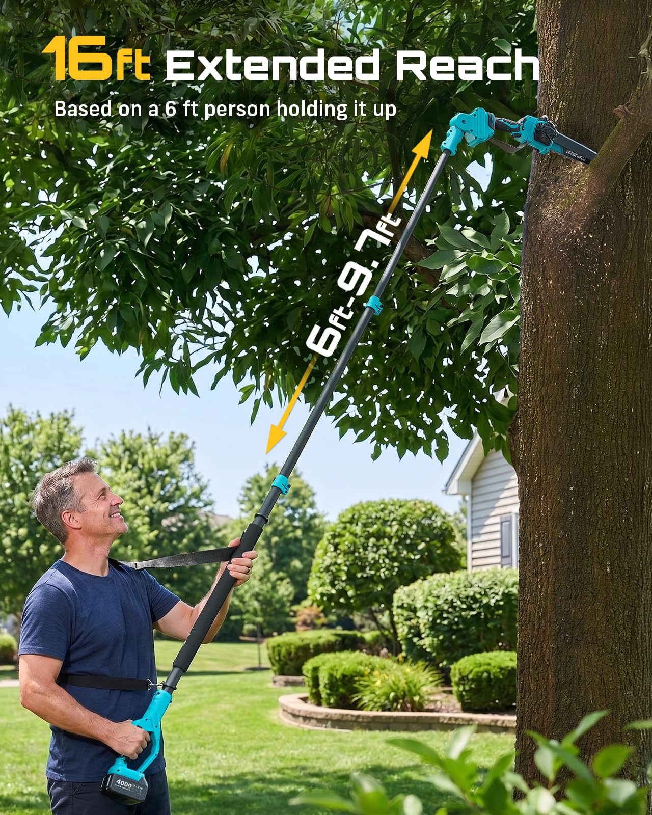 SEESII pole saw fully extended demonstrating 10ft reach advantage