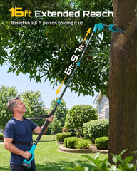 SEESII pole saw fully extended demonstrating 10ft reach advantage