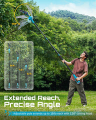 Seesii extension pole attached to saw demonstrating extended reach benefit