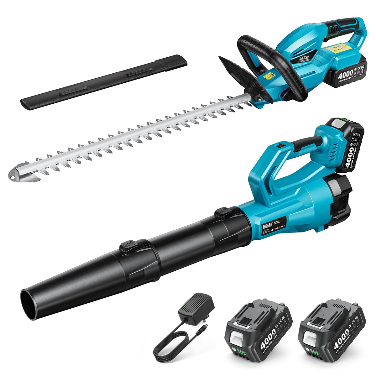 SEESII front kit overview showing trimmer blower and batteries, convenient yard care