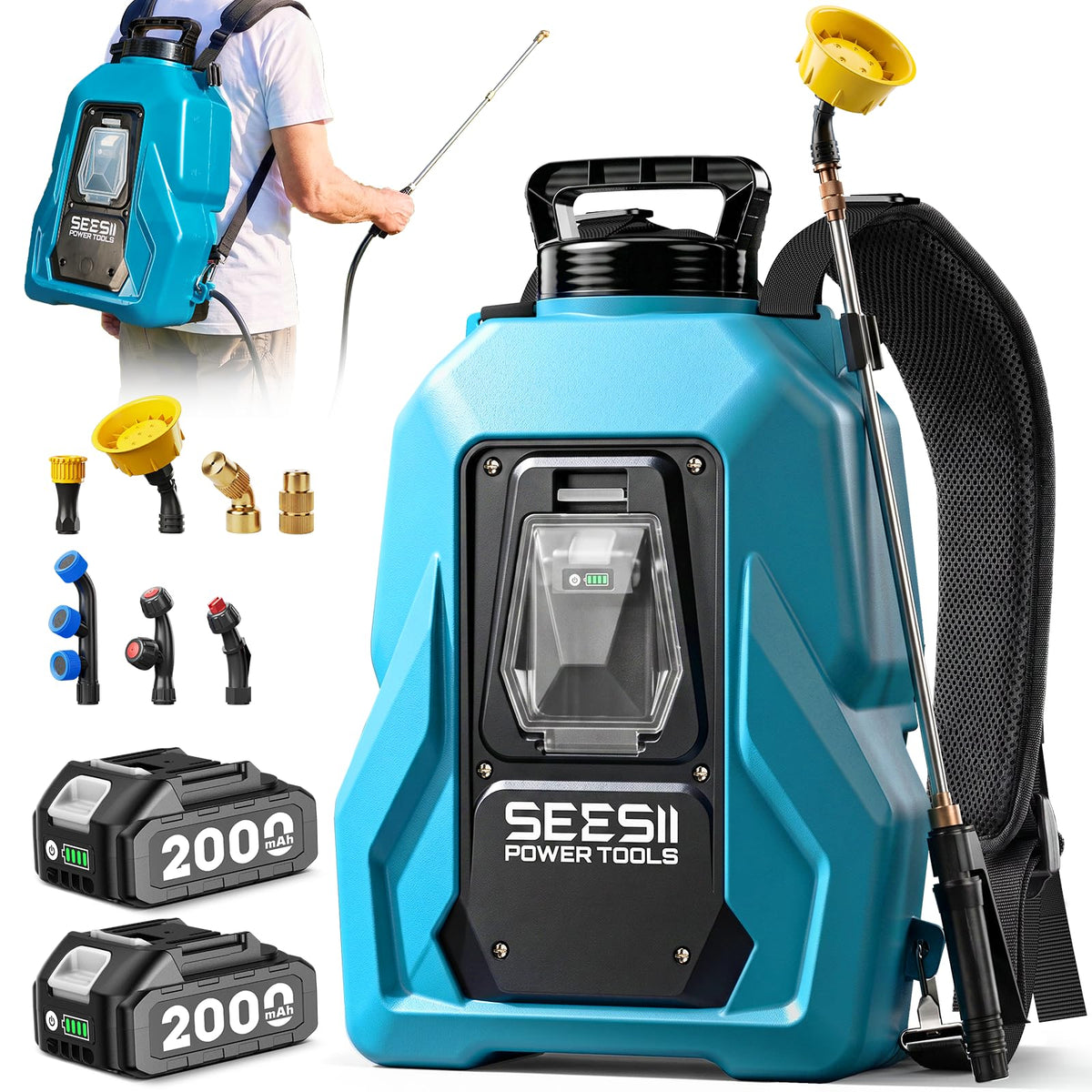 SEESII front view of backpack sprayer showing tank and wand for easy operation