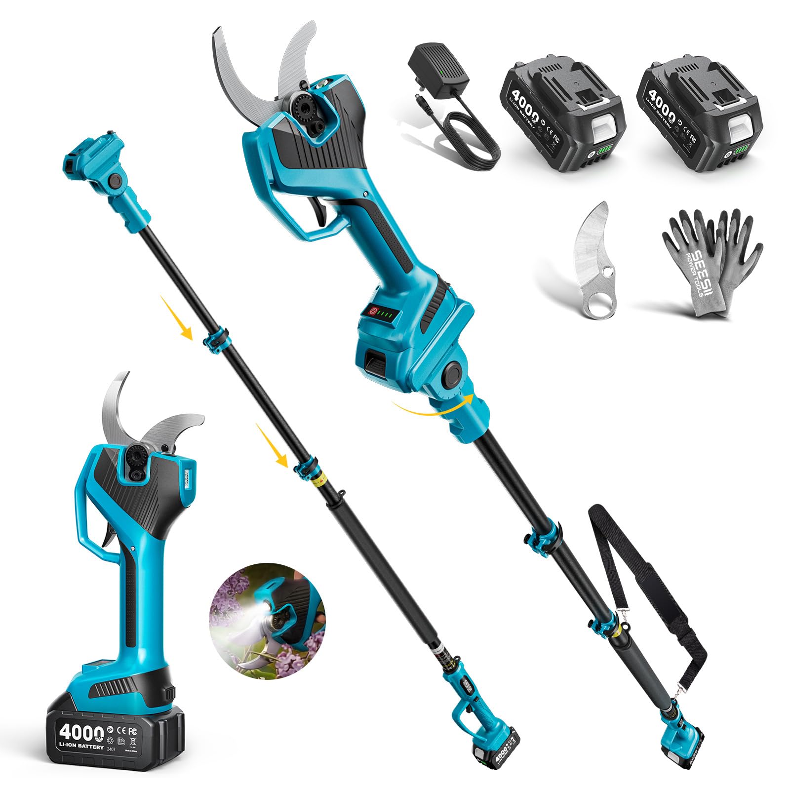 Seesii front view showing full pruner and pole, highlights versatility and ease