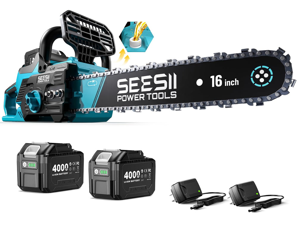 SEESII front view of cordless chainsaw kit showing ready-to-use benefits