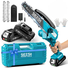 SEESII front view showing compact cordless chainsaw and portability benefit