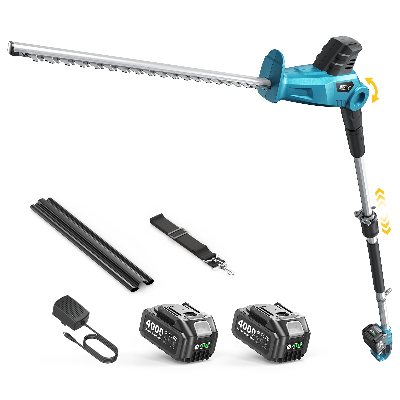Seesii front view of pole hedge trimmer showing full tool and ergonomic grip benefit