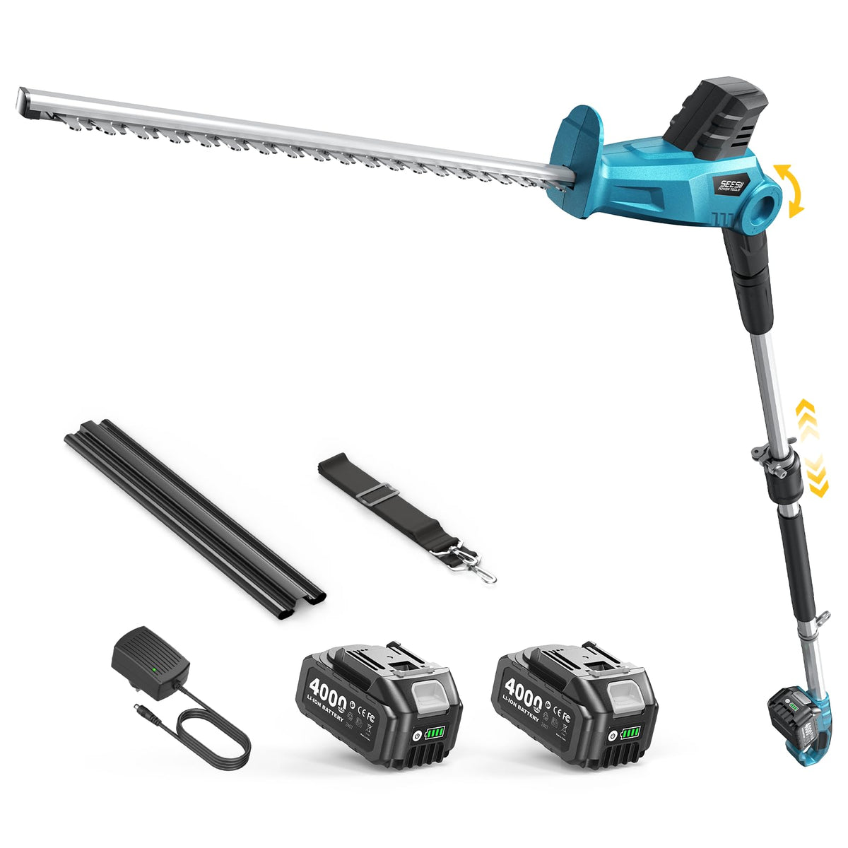 Seesii front view of pole hedge trimmer showing full tool and ergonomic grip benefit