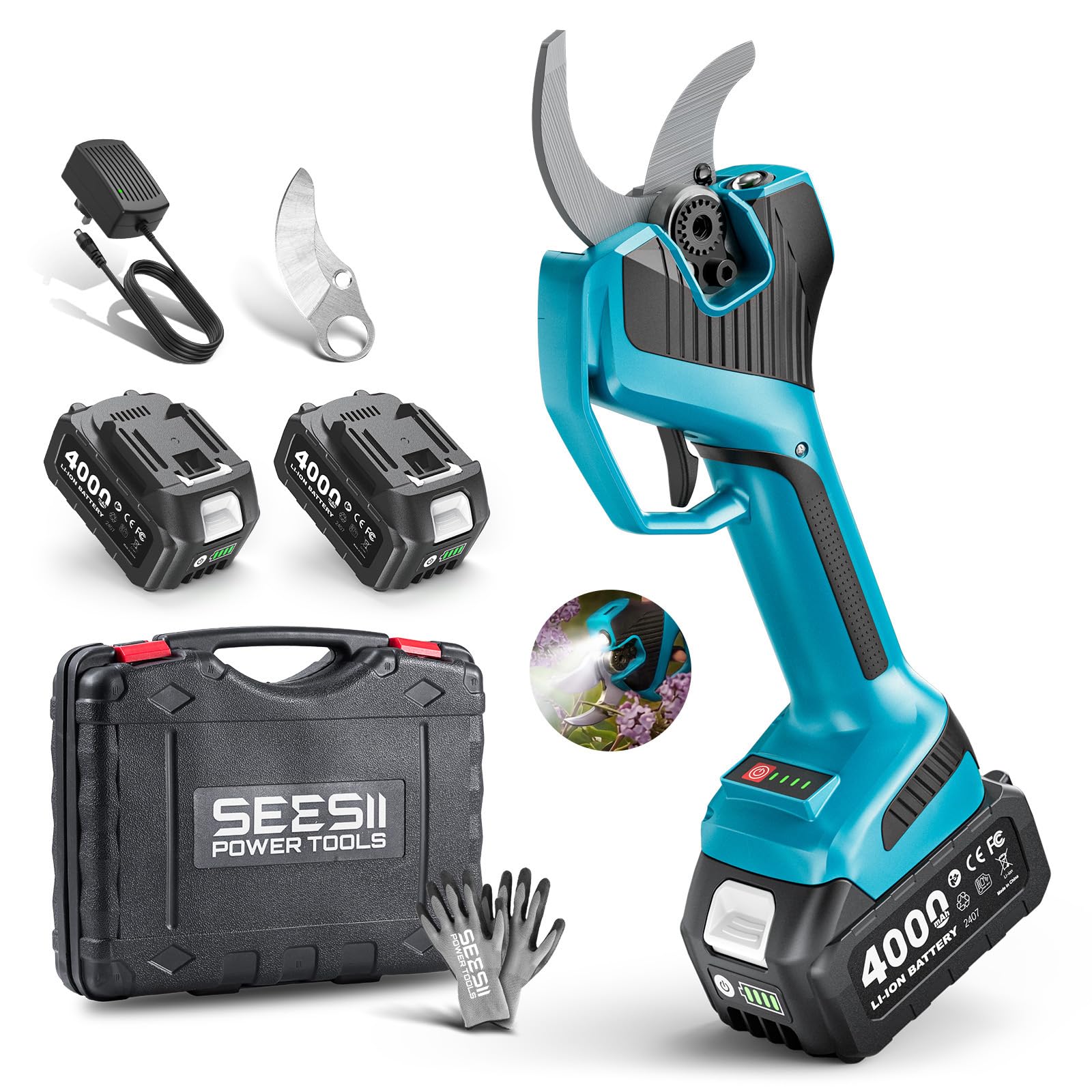 SEESII pruner front view showing compact cordless design and ergonomic grip, improving comfort