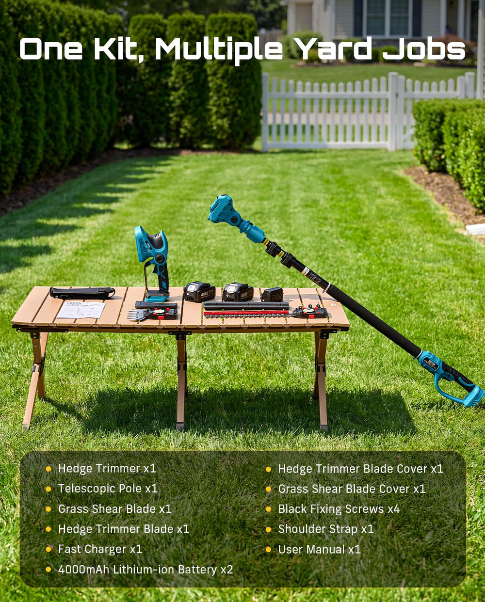 Seesii lifestyle shot trimming a tall hedge safely from ground