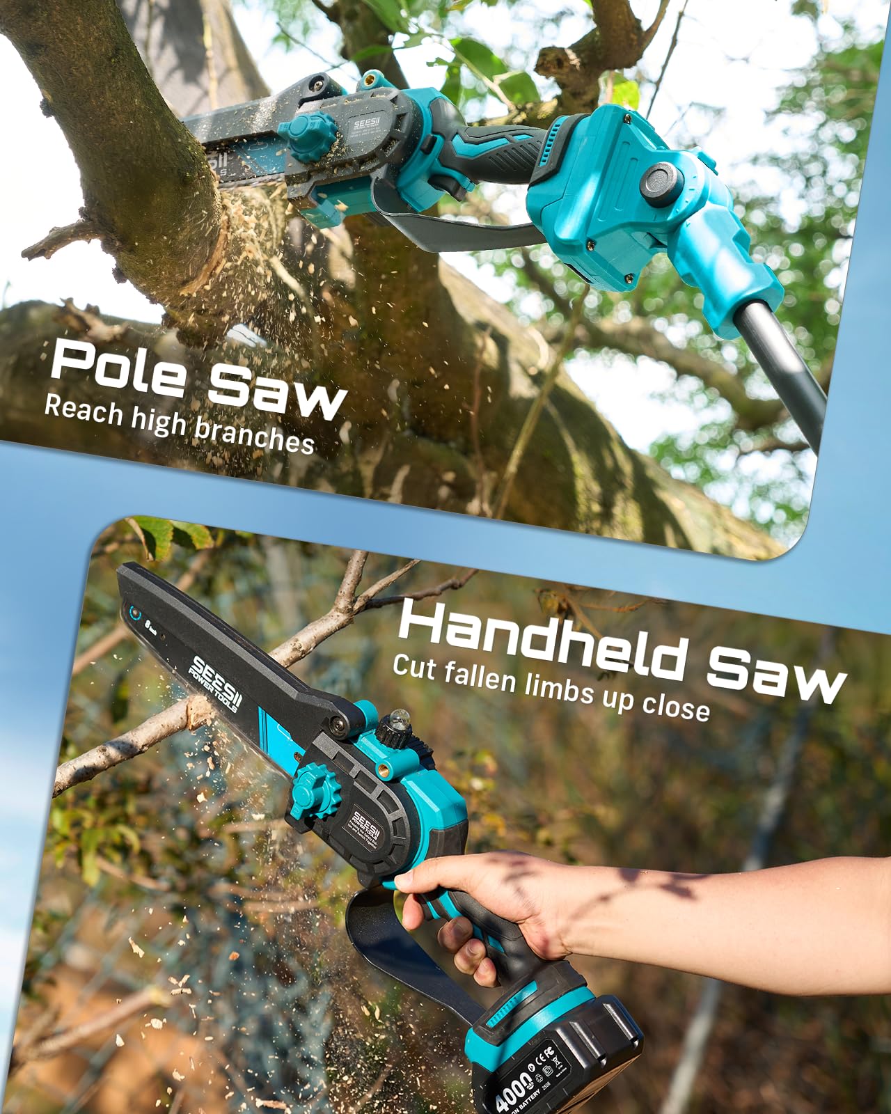 SEESII handheld mini chainsaw close-up for easy ground pruning