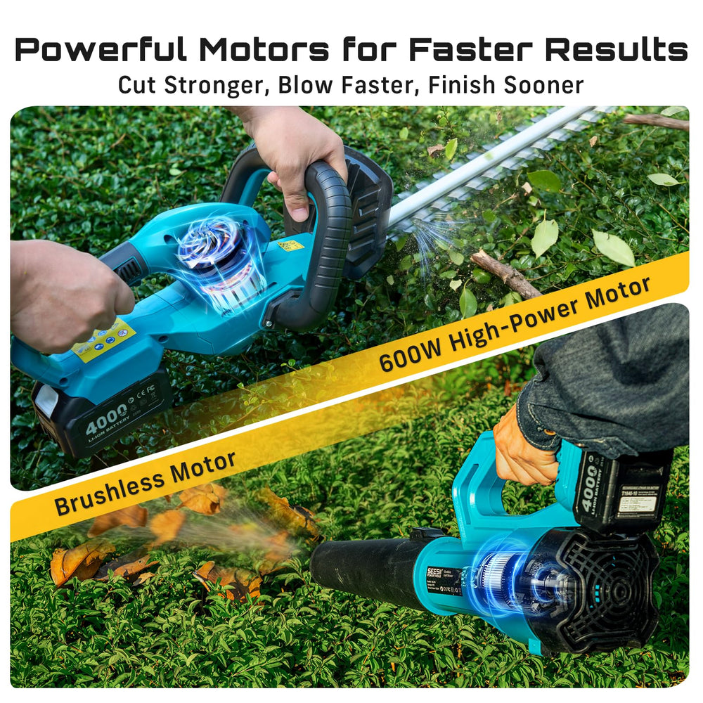 SEESII blower clearing driveway leaves, fast debris removal