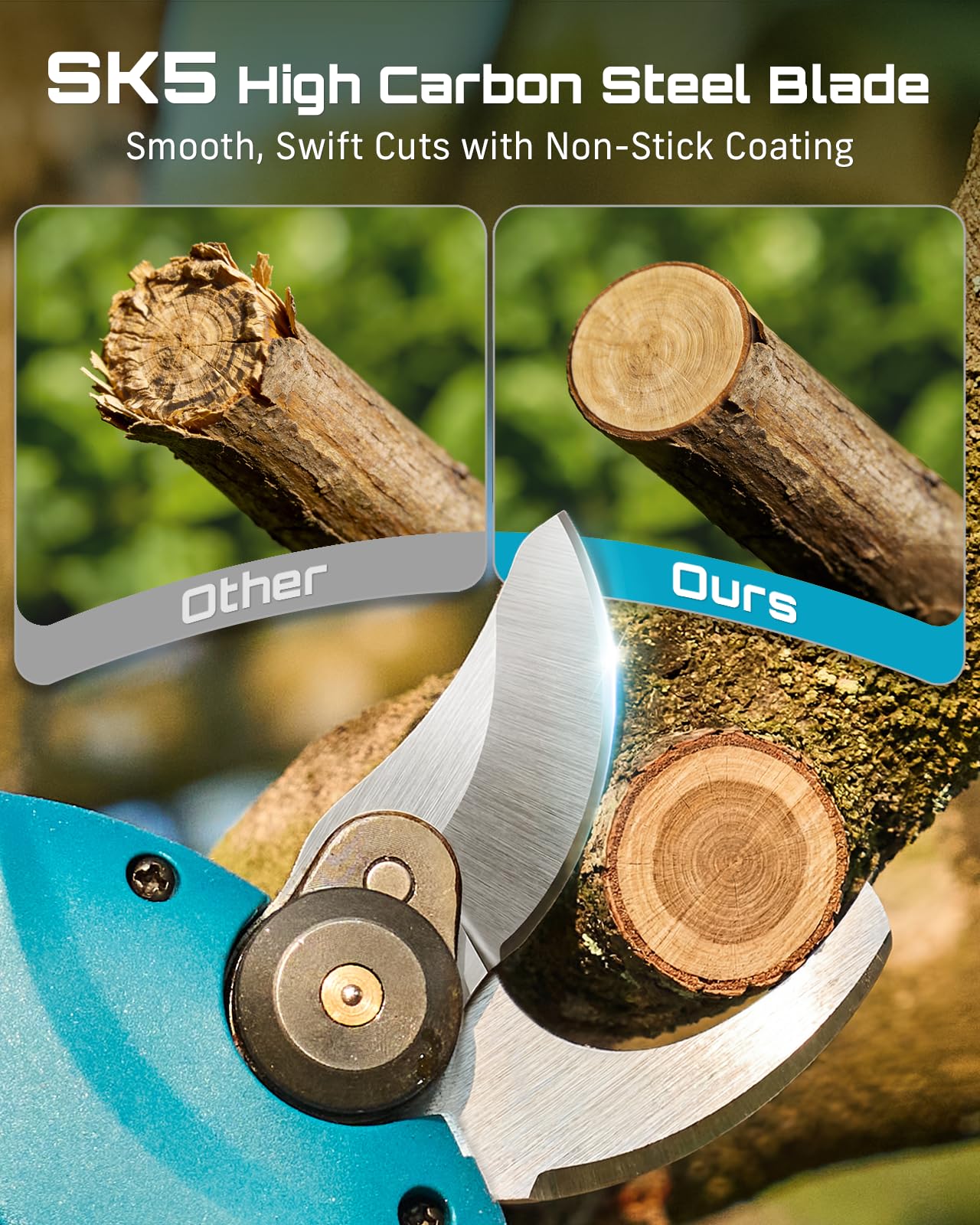 Seesii chainsaw cutting a 4-inch branch demonstrating quick efficient cuts