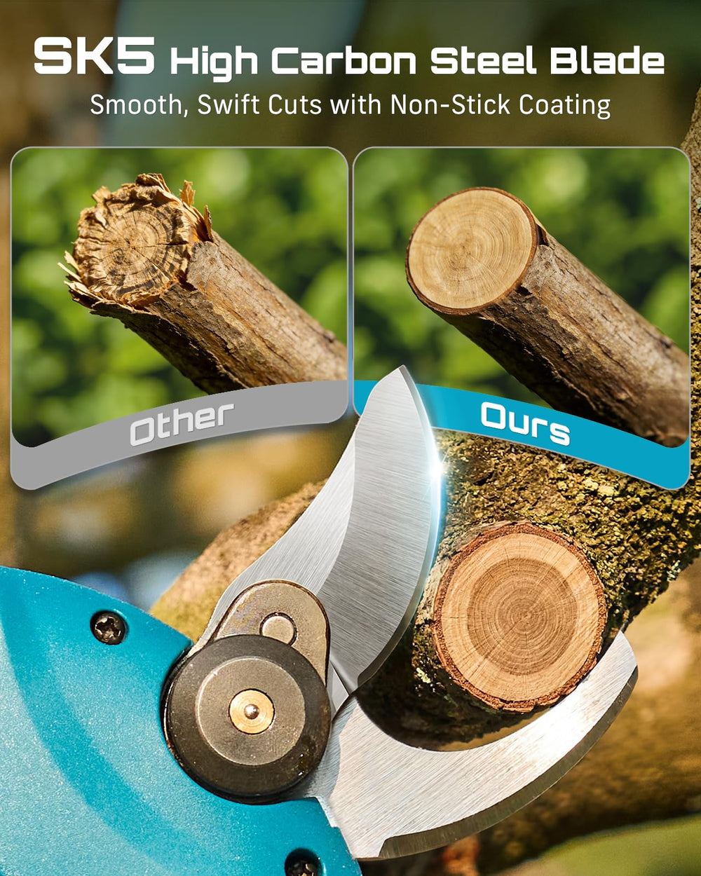 Seesii chainsaw cutting a 4-inch branch demonstrating quick efficient cuts