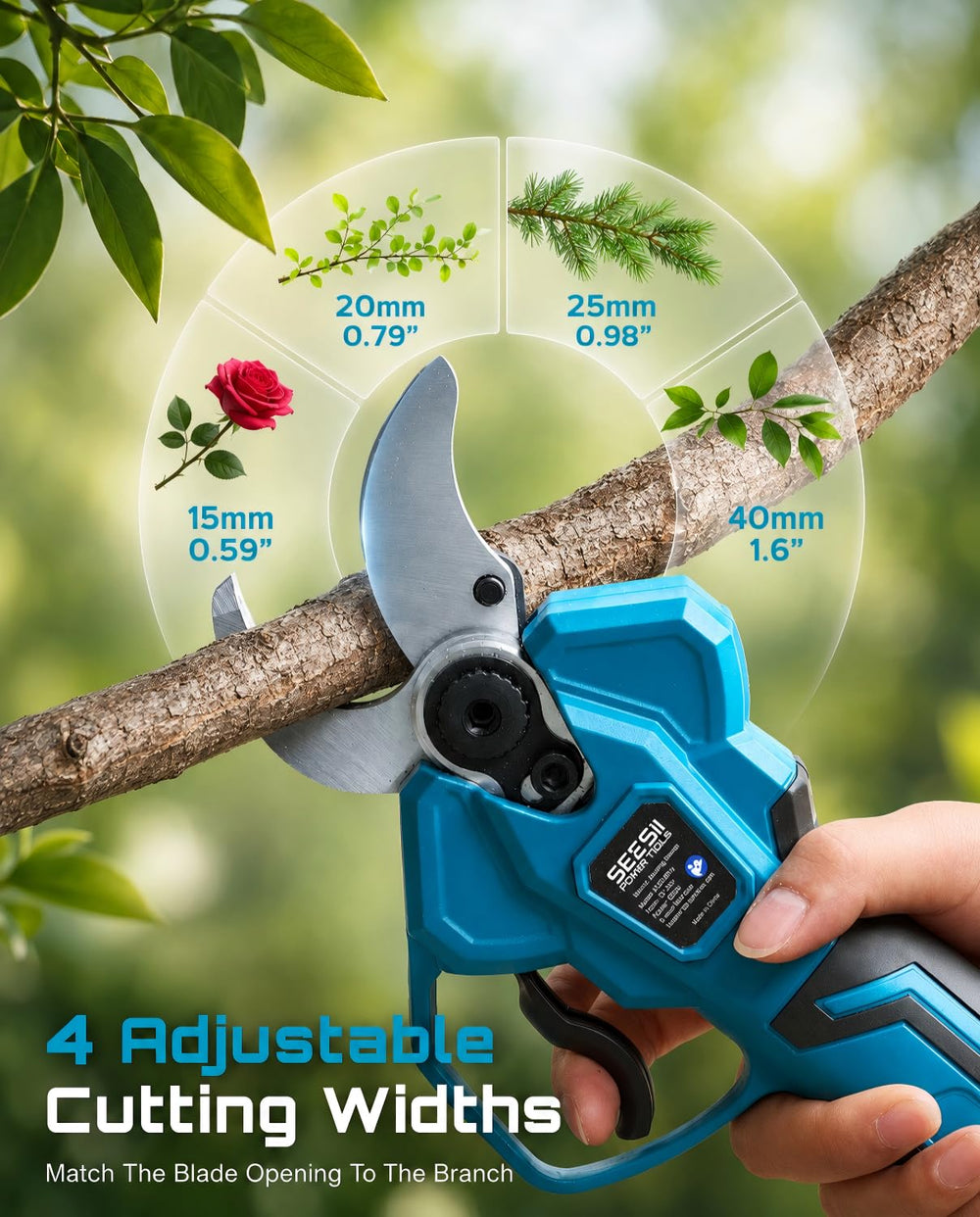 Seesii pruner in use on shrub delivering faster trimming with less strain benefit