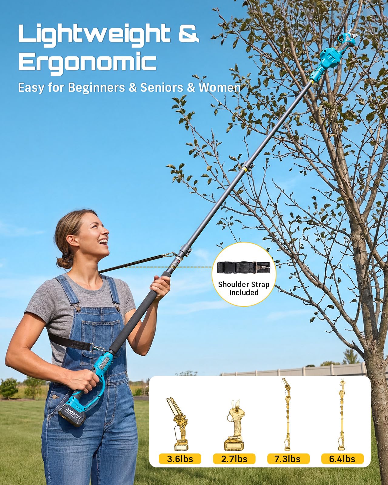 Seesii in use by gardener cutting overhead branch for ladder-free safety
