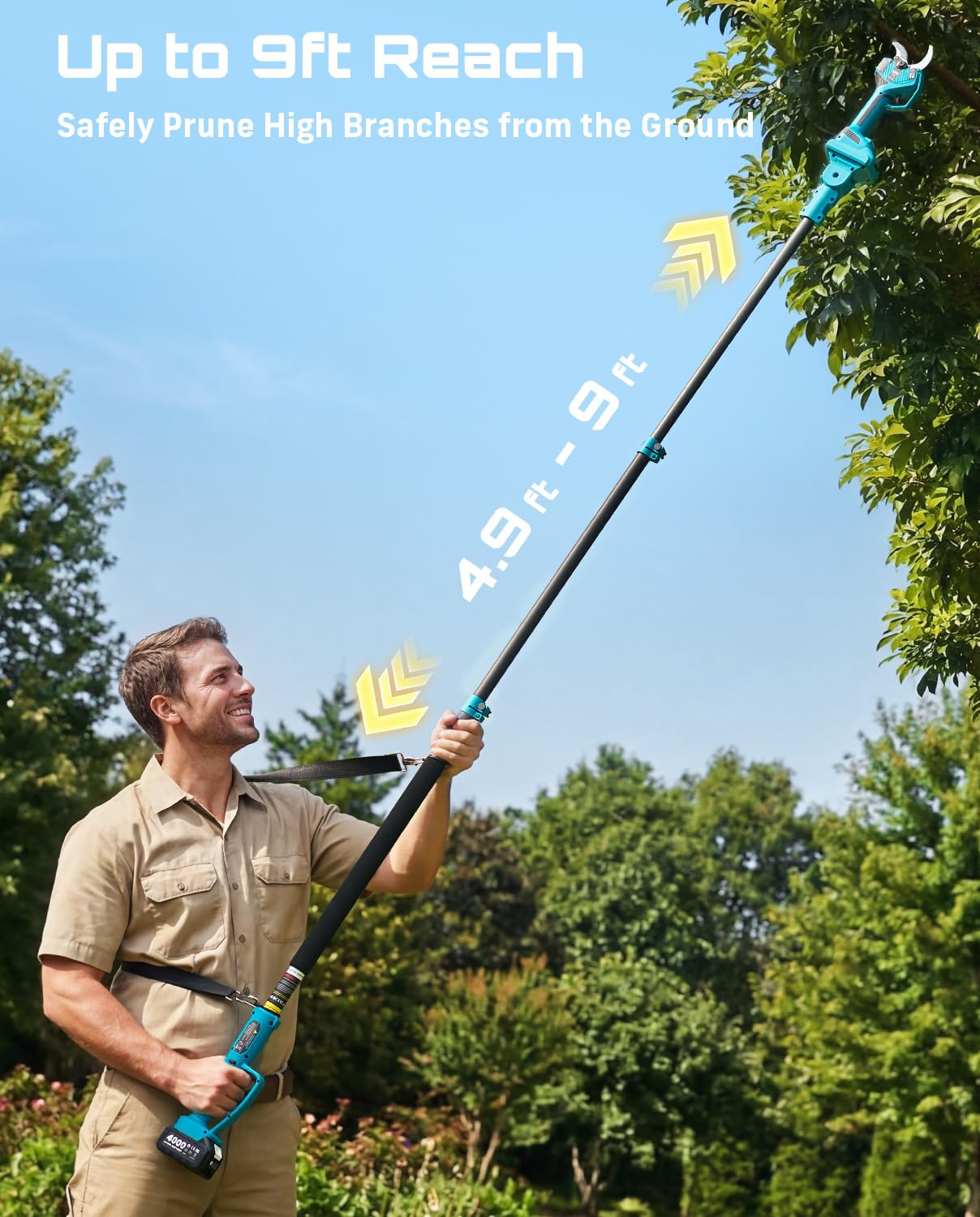 Seesii cutting a high branch from ground level, reducing ladder use