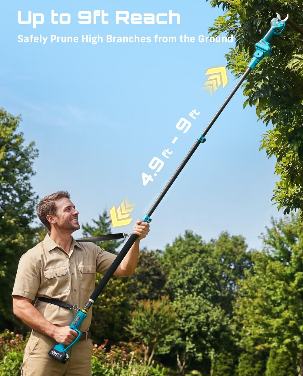 Seesii cutting a high branch from ground level, reducing ladder use