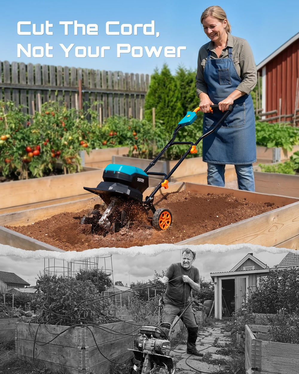 Seesii tiller in use prepping a vegetable bed for planting